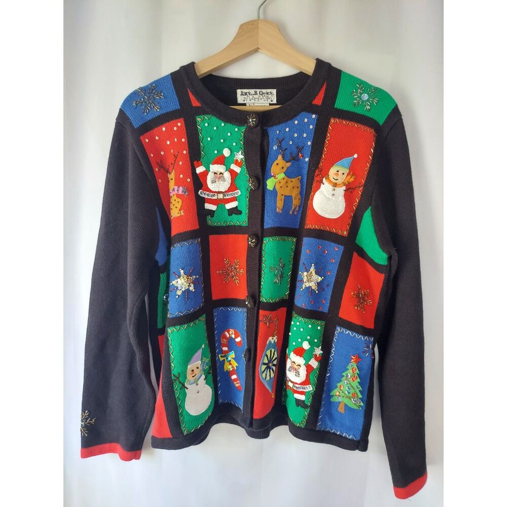 Vtg Christmas Sweater Cardigan Patchwork Santa Beading Jack B Quick 90s Ugly L
